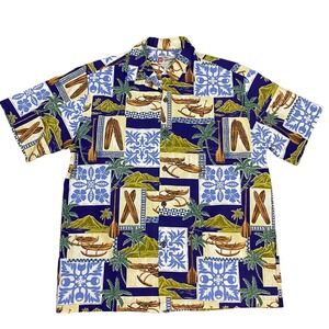 Hilo Hattie Hawaiian Shirt Men's Large Long Boards Outrigger Polynesian Surfer